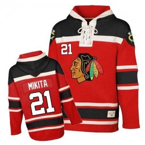Old Time Hockey Chicago Blackhawks 21 Men's Stan Mikita Authentic Red Sawyer Hooded Sweatshirt NHL Jersey