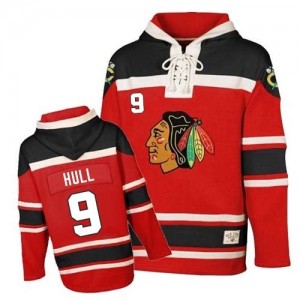 Old Time Hockey Chicago Blackhawks 9 Men's Bobby Hull Authentic Red Sawyer Hooded Sweatshirt NHL Jersey