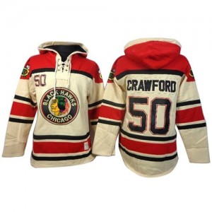 Old Time Hockey Chicago Blackhawks 50 Men's Corey Crawford Authentic White Sawyer Hooded Sweatshirt NHL Jersey