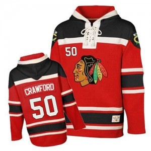 Old Time Hockey Chicago Blackhawks 50 Men's Corey Crawford Premier Red Sawyer Hooded Sweatshirt NHL Jersey