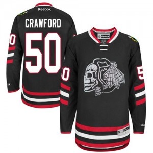 Reebok Chicago Blackhawks 50 Men's Corey Crawford Premier Black White Skull 2014 Stadium Series NHL Jersey