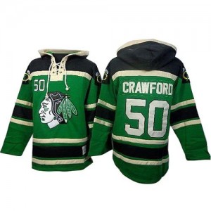 Old Time Hockey Chicago Blackhawks 50 Men's Corey Crawford Premier Green Sawyer Hooded Sweatshirt NHL Jersey