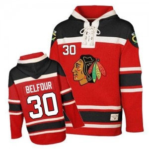 Old Time Hockey Chicago Blackhawks 30 Men's ED Belfour Authentic Red Sawyer Hooded Sweatshirt NHL Jersey