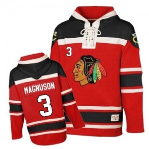 Old Time Hockey Chicago Blackhawks 3 Men's Keith Magnuson Premier Red Sawyer Hooded Sweatshirt NHL Jersey