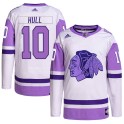 Adidas Chicago Blackhawks Youth Dennis Hull Authentic White/Purple Hockey Fights Cancer Primegreen NHL Jersey