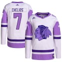 Adidas Chicago Blackhawks Men's Chris Chelios Authentic White/Purple Hockey Fights Cancer Primegreen NHL Jersey
