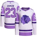 Adidas Chicago Blackhawks Men's Stu Grimson Authentic White/Purple Hockey Fights Cancer Primegreen NHL Jersey