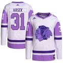 Adidas Chicago Blackhawks Men's Dominik Hasek Authentic White/Purple Hockey Fights Cancer Primegreen NHL Jersey