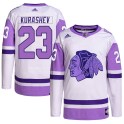 Adidas Chicago Blackhawks Men's Philipp Kurashev Authentic White/Purple Hockey Fights Cancer Primegreen NHL Jersey