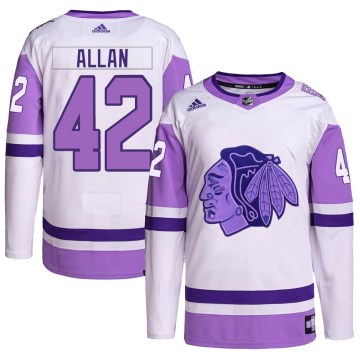 Adidas Chicago Blackhawks Youth Nolan Allan Authentic White/Purple Hockey Fights Cancer Primegreen NHL Jersey