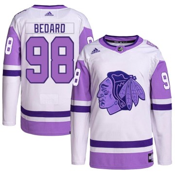 Adidas Chicago Blackhawks Youth Connor Bedard Authentic White/Purple Hockey Fights Cancer Primegreen NHL Jersey