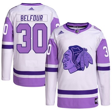 Adidas Chicago Blackhawks Youth ED Belfour Authentic White/Purple Hockey Fights Cancer Primegreen NHL Jersey