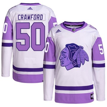 Adidas Chicago Blackhawks Youth Corey Crawford Authentic White/Purple Hockey Fights Cancer Primegreen NHL Jersey