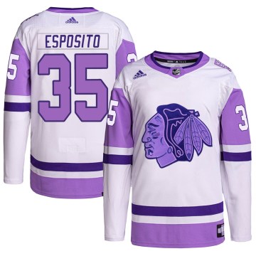 Adidas Chicago Blackhawks Youth Tony Esposito Authentic White/Purple Hockey Fights Cancer Primegreen NHL Jersey