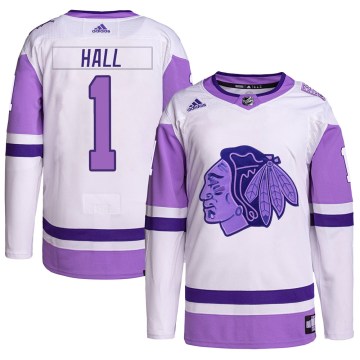 Adidas Chicago Blackhawks Youth Glenn Hall Authentic White/Purple Hockey Fights Cancer Primegreen NHL Jersey