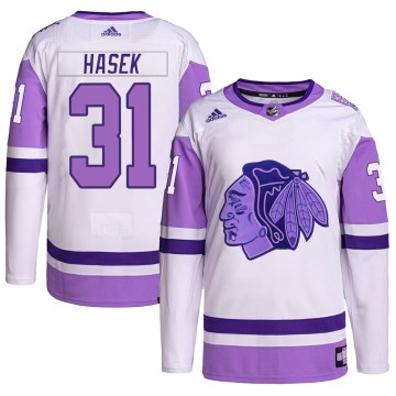 Adidas Chicago Blackhawks Youth Dominik Hasek Authentic White/Purple Hockey Fights Cancer Primegreen NHL Jersey