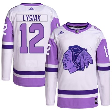 Adidas Chicago Blackhawks Youth Tom Lysiak Authentic White/Purple Hockey Fights Cancer Primegreen NHL Jersey