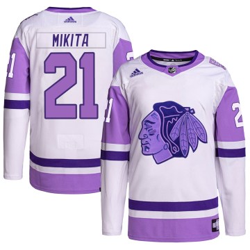 Adidas Chicago Blackhawks Youth Stan Mikita Authentic White/Purple Hockey Fights Cancer Primegreen NHL Jersey