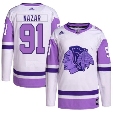 Adidas Chicago Blackhawks Youth Frank Nazar Authentic White/Purple Hockey Fights Cancer Primegreen NHL Jersey