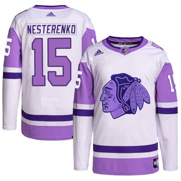 Adidas Chicago Blackhawks Youth Eric Nesterenko Authentic White/Purple Hockey Fights Cancer Primegreen NHL Jersey