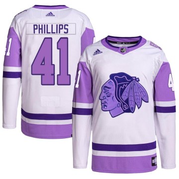 Adidas Chicago Blackhawks Youth Isaak Phillips Authentic White/Purple Hockey Fights Cancer Primegreen NHL Jersey