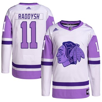 Adidas Chicago Blackhawks Youth Taylor Raddysh Authentic White/Purple Hockey Fights Cancer Primegreen NHL Jersey