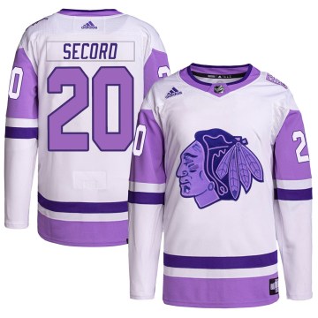 Adidas Chicago Blackhawks Youth Al Secord Authentic White/Purple Hockey Fights Cancer Primegreen NHL Jersey