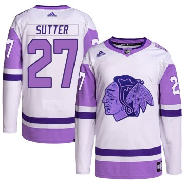 Adidas Chicago Blackhawks Youth Darryl Sutter Authentic White/Purple Hockey Fights Cancer Primegreen NHL Jersey