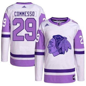 Adidas Chicago Blackhawks Men's Drew Commesso Authentic White/Purple Hockey Fights Cancer Primegreen NHL Jersey