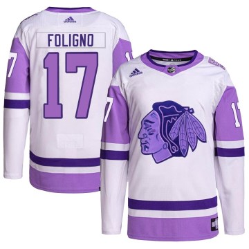 Adidas Chicago Blackhawks Men's Nick Foligno Authentic White/Purple Hockey Fights Cancer Primegreen NHL Jersey