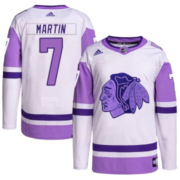 Adidas Chicago Blackhawks Men's Pit Martin Authentic White/Purple Hockey Fights Cancer Primegreen NHL Jersey