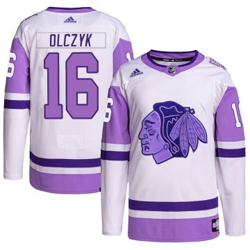 Adidas Chicago Blackhawks Men's Ed Olczyk Authentic White/Purple Hockey Fights Cancer Primegreen NHL Jersey