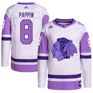 Adidas Chicago Blackhawks Men's Jim Pappin Authentic White/Purple Hockey Fights Cancer Primegreen NHL Jersey
