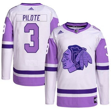 Adidas Chicago Blackhawks Men's Pierre Pilote Authentic White/Purple Hockey Fights Cancer Primegreen NHL Jersey