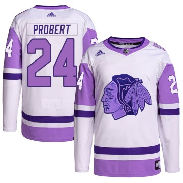 Adidas Chicago Blackhawks Men's Bob Probert Authentic White/Purple Hockey Fights Cancer Primegreen NHL Jersey