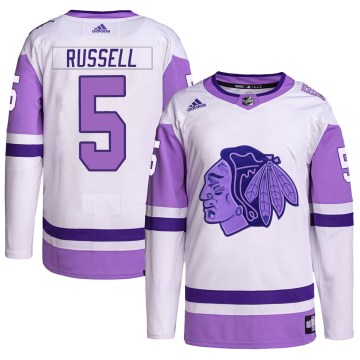 Adidas Chicago Blackhawks Men's Phil Russell Authentic White/Purple Hockey Fights Cancer Primegreen NHL Jersey