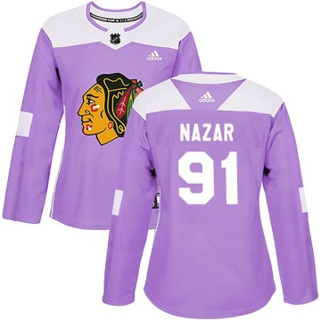 Adidas Chicago Blackhawks Women's Frank Nazar Authentic Purple Fights Cancer Practice NHL Jersey