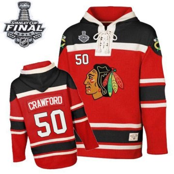 Chicago Blackhawks Youth Corey Crawford Authentic Red Old Time Hockey Sawyer Hooded Sweatshirt 2015 Stanley Cup Patch